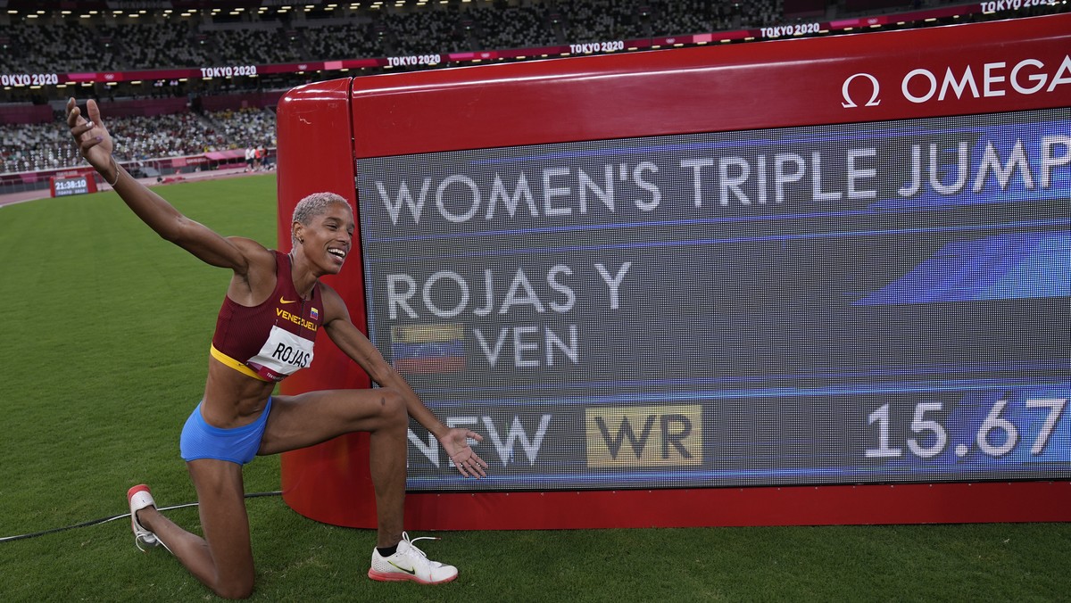 Yulimar Rojas, of Venezuela, celebrates after winning the final of the women's triple jump at the 2020 Summer Olympics, Sunday, Aug. 1, 2021, in Tokyo. (AP Photo/David J. Phillip)