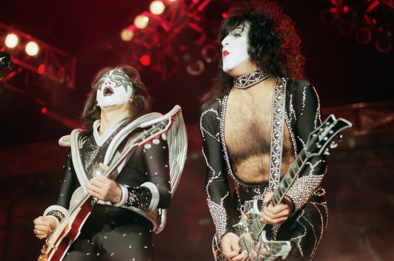 FILE - Paul Stanley, right, and Ace Frehley of the rock band Kiss perform during their sold-out Halloween concert at Dodger Stadium in Los Angeles, Saturday, Oct. 31, 1998. (AP Photo/Chris Pizzello)
O ...