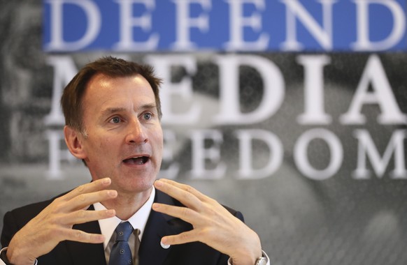 Britain&#039;s Foreign Secretary Jeremy Hunt speaks during a Foreign Ministers G7 meeting in Dinard, Brittany, Friday, April 5, 2019. Hunt has launched a media freedoms campaign alongside internationa ...