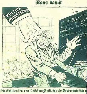 Karikatur im Nazi-Hetzblatt «Stürmer» (1934) zur Entfernung der jüdischen Lehrkräfte aus den Schulen.