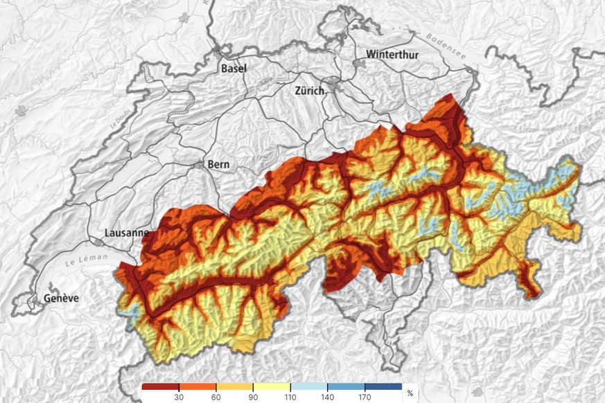 Die aktuelle Schneehöhe im Vergleich mit dem langjährigen Mittelwert an diesem Kalendertag.