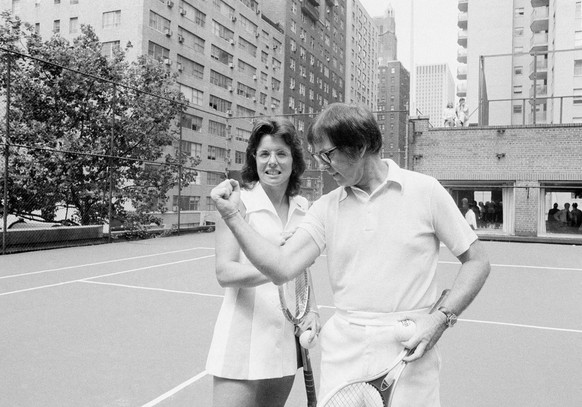 In this July 11, 1973 photo, Wimbledon champion Billie Jean King checks the muscle on her nemesis, Bobby Riggs, in New York. The story of the early days of the tour and King&#039;s fight for equal pri ...