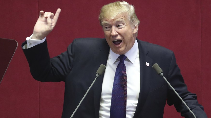 U.S. President Donald Trump delivers a speech at the National Assembly in Seoul, South Korea, Wednesday, Nov. 8, 2017. President Trump told South Korea&#039;s National Assembly that he wants &quot;pea ...