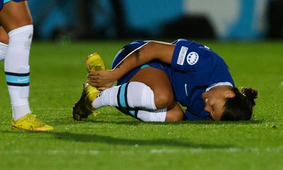 Mandatory Credit: Photo by Andrew Fosker/Shutterstock 13632081p Sam Kerr of Chelsea is injured just before half time Chelsea Women v Real Madrid Women, UEFA Champions League, Group A, Football, Kingsm ...