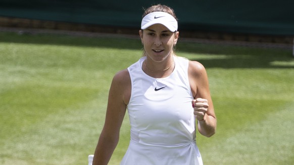 Belinda Bencic of Switzerland reacts during her first round match against Anastasia Pavlyuchenkova of Russia, at the All England Lawn Tennis Championships in Wimbledon, London, on Tuesday, July 2, 201 ...