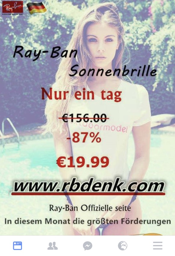 Alle Jahre wieder: Die Fake-Werbung für Sonnenbrillen von Ray-Ban verspricht Facebook-Nutzern verlockende Rabatte.