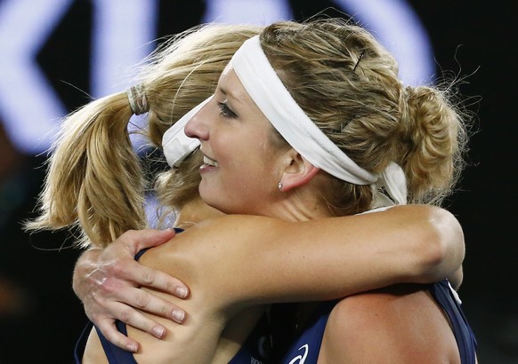 Tennis - Australian Open - Melbourne Park, Melbourne, Australia - 21/1/17 Australia&#039;s Daria Gavrilova embraces after winning her Women&#039;s singles third round match against Switzerland&#039;s  ...