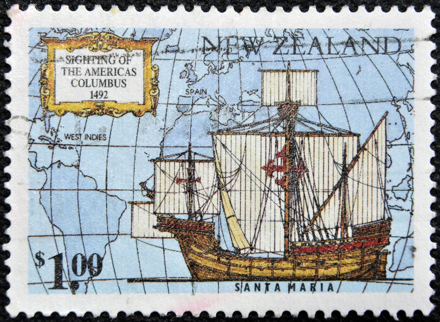 Neuseeländische Briefmarke mit der «Santa Maria».