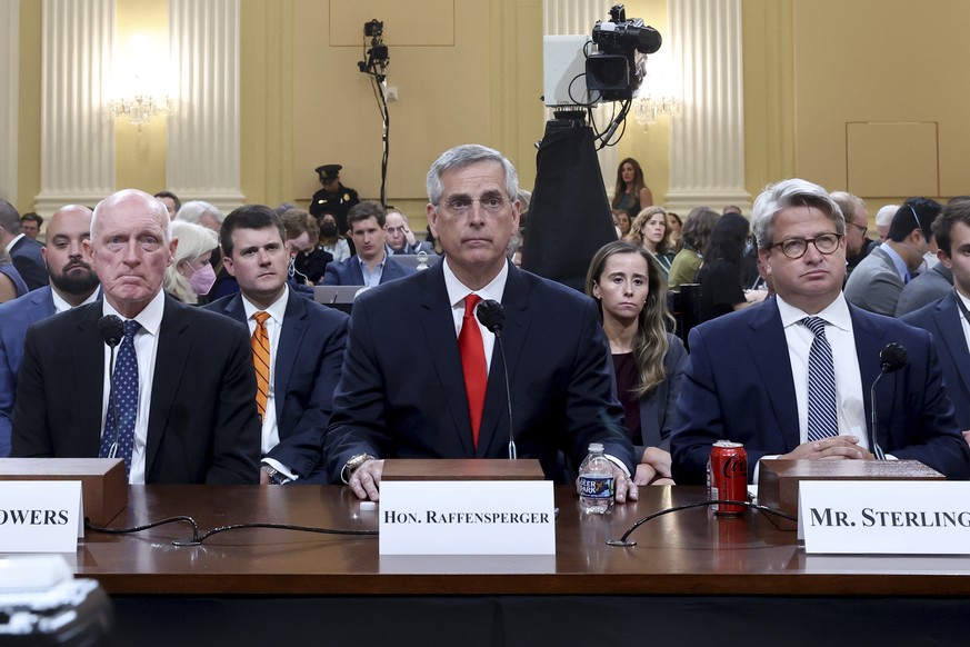 Rusty Bowers, Arizona state House Speaker, Brad Raffensperger, Georgia Secretary of State, and Gabe Sterling, Georgia Deputy Secretary of State, testify as the House select committee investigating the ...