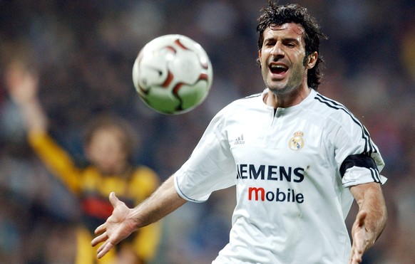 Real Madrid&#039;s Portuguese player Luis Figo complains after being caught offside during a Spanish league soccer match against Zaragoza, at the Santiago Bernabeu stadium in Madrid, Saturday March 13 ...