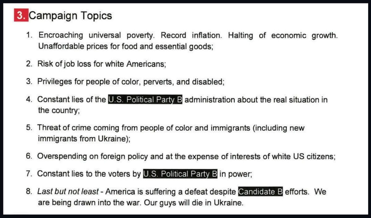 Auszug aus dem russischen Agenda-Dokument zur Beeinflussung der US-Präsidentenwahl.