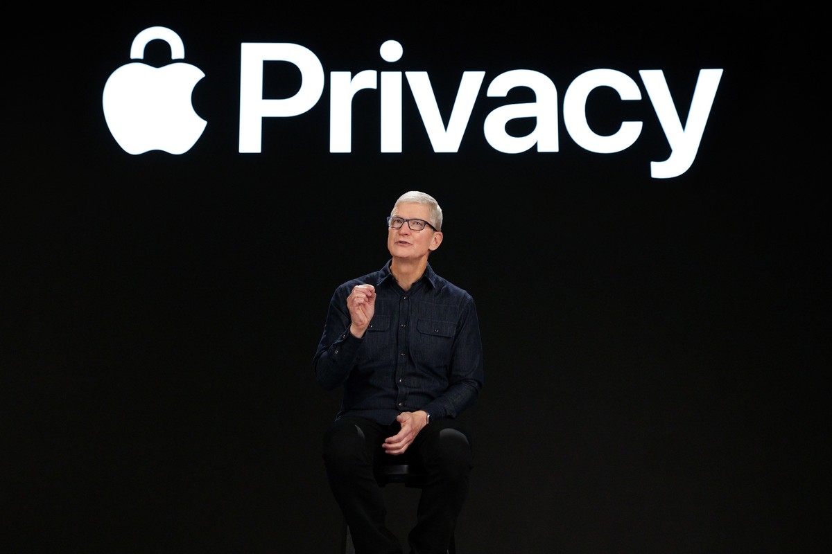 epa09253840 A handout photo made available by Apple showing Apple CEO Tim Cook previews powerful new privacy protections at Apple's Worldwide Developers Conference at Apple Park in Cupertino, Cal ...