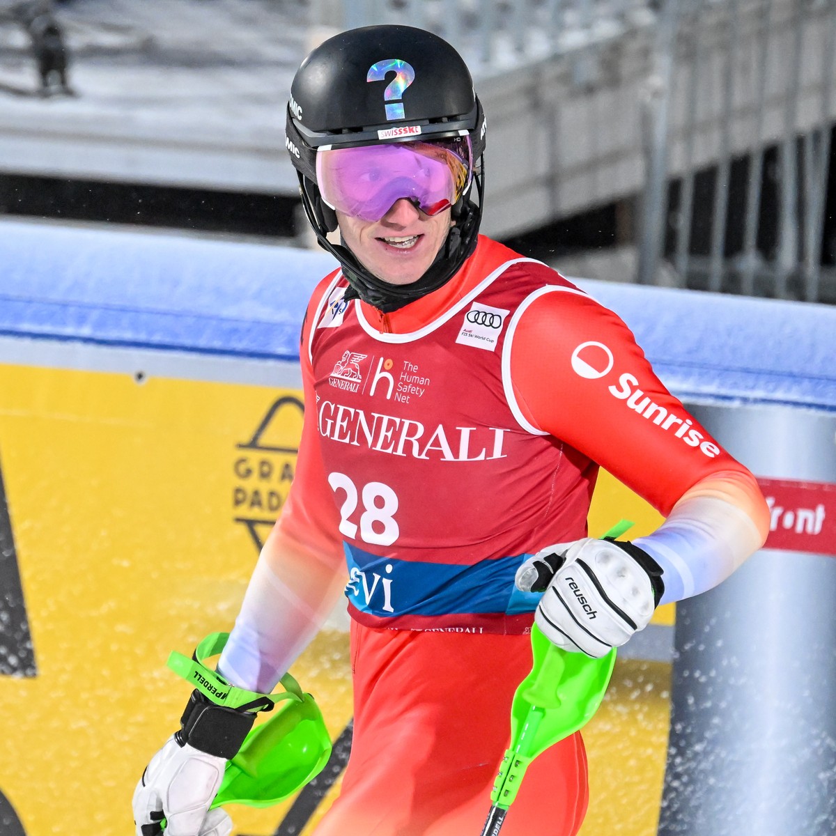 epa11725649 Tanguy Nef of Switzerland in the finish area after the second round of the Men?s Slalom race at the FIS Ski World Cup in Levi, Finland, 17 November 2024 EPA/Kimmo Brandt