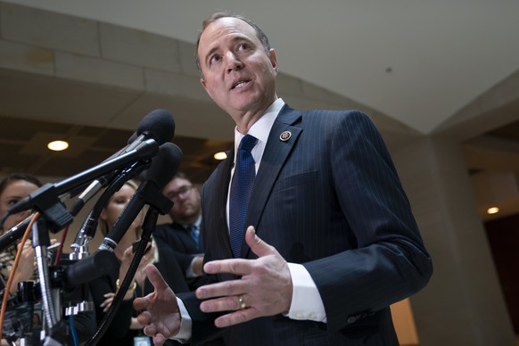 House Intelligence Committee Chairman Adam Schiff, D-Calif., speaks with reporters after his panel voted in a closed session to send more than 50 interview transcripts from its now-closed Russia inves ...