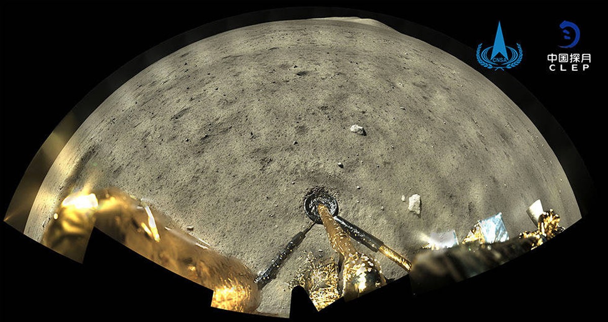 epa08858388 A handout photo made available by the China National Space Administration (CNSA) shows an image taken by the panoramic camera aboard the lander-ascender combination of Chang'e-5 space ...