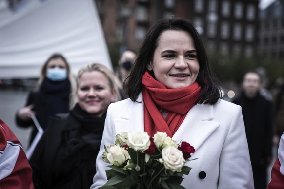 Belarusian opposition politician Sviatlana Tsikhanouskaya participates in a demonstration from Christiansborg to Copenhagen City Hall, Denmark, Friday, Oct. 23, 2020. The demonstration is organized by ...