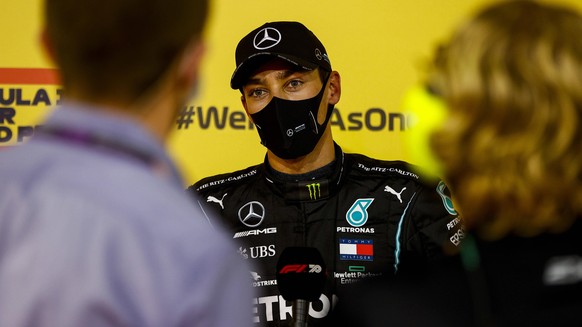 2020 Sakhir GP BAHRAIN INTERNATIONAL CIRCUIT, BAHRAIN - DECEMBER 05: George Russell, Mercedes-AMG Petronas F1, is interviewed by Paul di Resta, Sky Sports F1, after Qualifying during the Sakhir GP at  ...