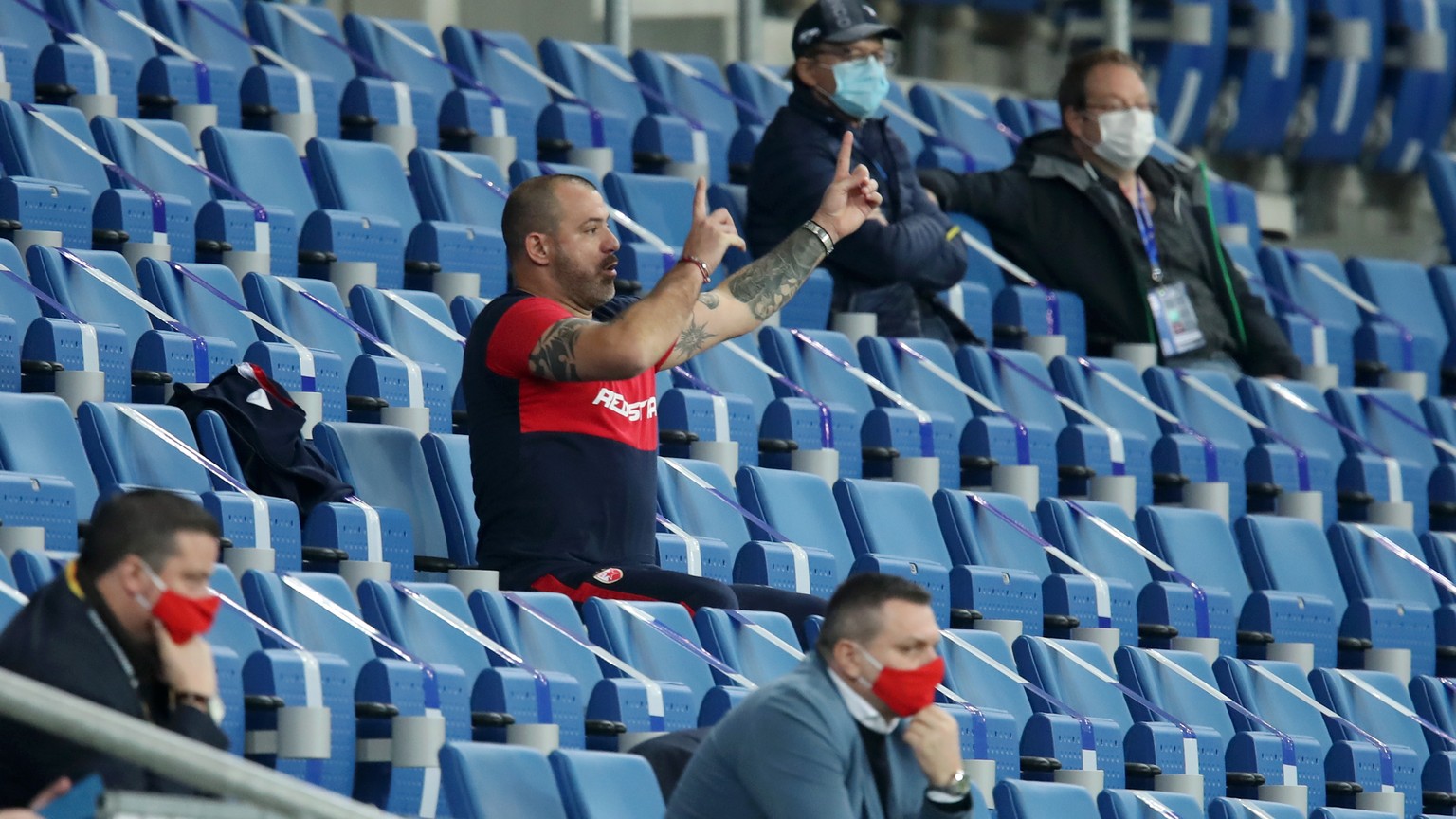 epa08766401 Dejan Stankovic, manager of Crvena Zvezda gives his team instructions from the stands after being shown a red card during the UEFA Europa League Group L soccer match between TSG Hoffenheim ...