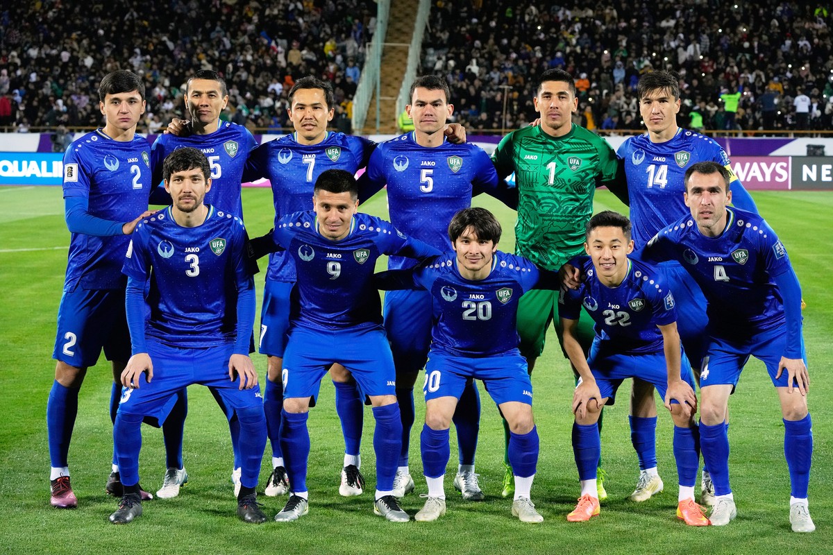 FILE - Uzbekistan players pose for a team photo prior to their World Cup 2026 group A qualifying soccer match with Iran, in Tehran, Iran, Tuesday, March 25, 2025. (AP Photo/Vahid Salemi, File)
WCup Uz ...