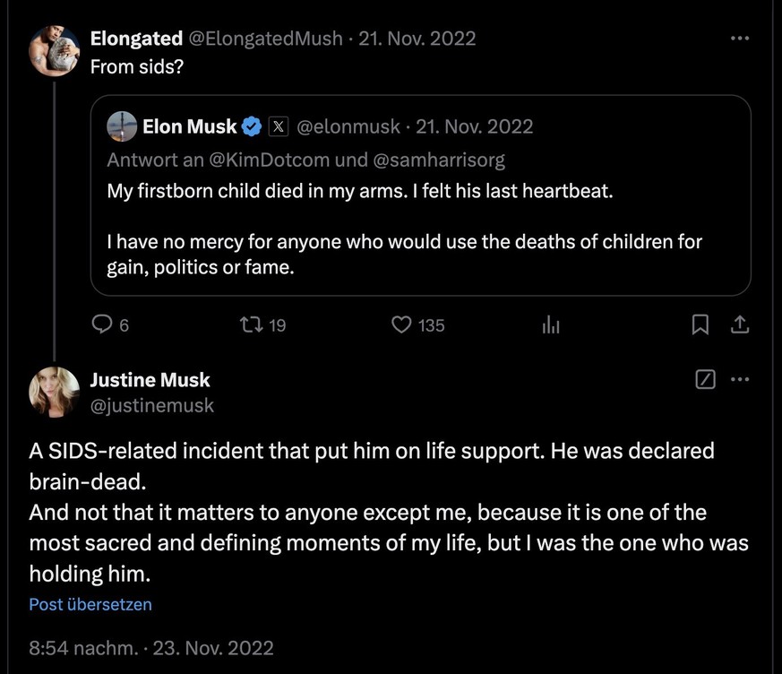 Tweet von Justine Musk über Tod des eigenen Kindes