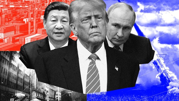 Xi Jinping, Wladimir Putin und Donald Trump vor Bildern von Kriegsmaterial, Hafenexporten und der Wall Street