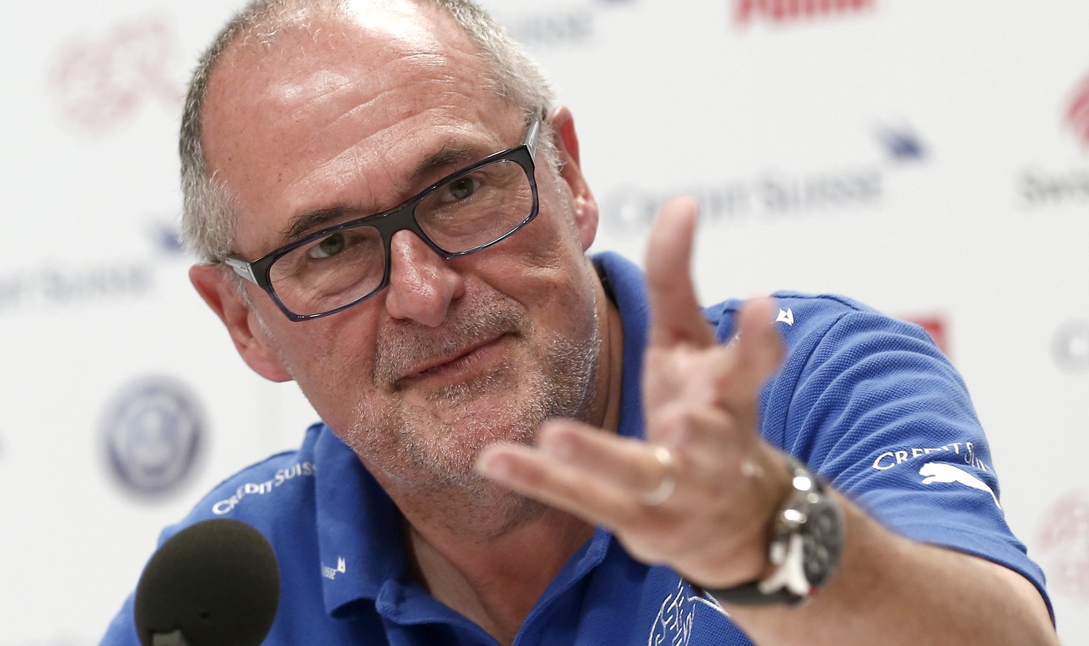 Peter Gillieron, president of the Swiss football association, speaks to journalists during a media conference of the Swiss national soccer team in Porto Seguro, Brazil, Friday, June 27, 2014. (KEYSTON ...