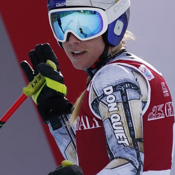 Czech Republic&#039;s Ester Ledecka reacts at finish line after completing an alpine ski women&#039;s World Cup Super G in Val d&#039;Isere, France, Sunday, Dec. 20, 2020. (AP Photo/Giovanni Auletta)