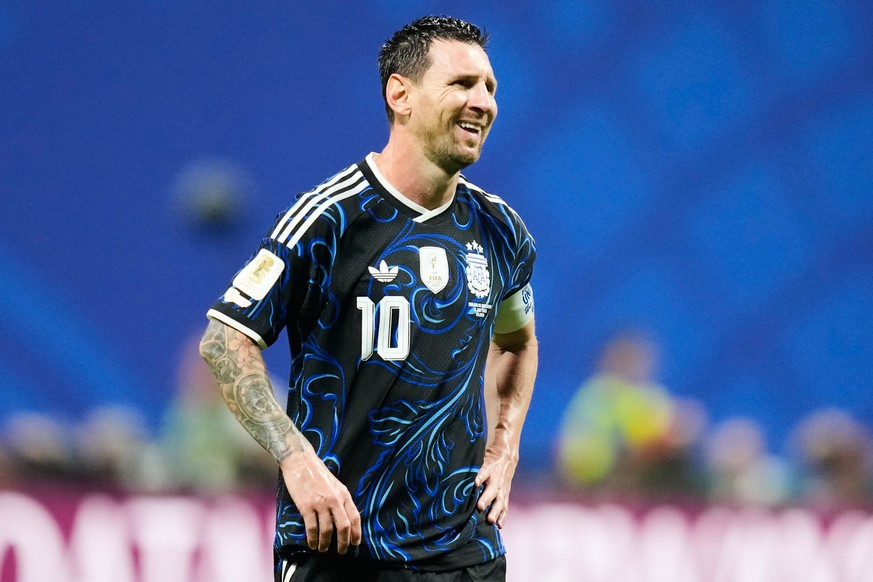 Argentina's Lionel Messi (10) reacts during the World Cup semifinal soccer match between England and Argentina in Atlanta, Wednesday, July 15, 2026. (AP Photo/Rebecca Blackwell)
Lionel Messi