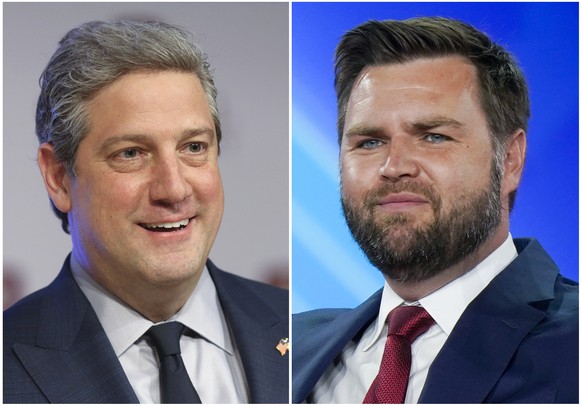 This combination of photos shows Ohio Democratic Senate candidate Rep. Tim Ryan, D-Ohio, on March 28, 2022, in Wilberforce, Ohio, left, and Republican candidate JD Vance on Aug. 5, 2022, in Dallas. (A ...