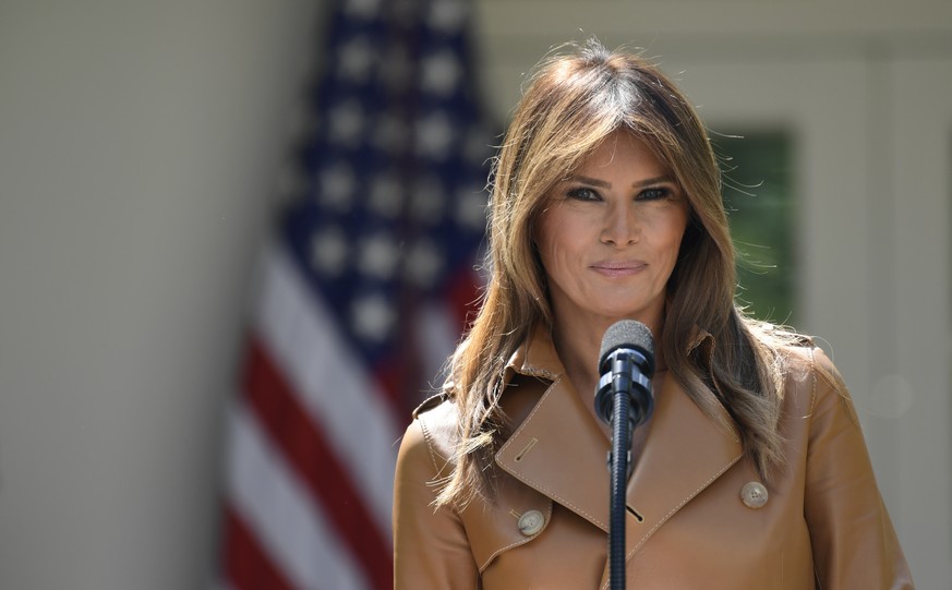 First lady Melania Trump speaks on her initiatives during an event in the Rose Garden of the White House, Monday, May 7, 2018, in Washington. The first lady gave her multipronged effort to promote the ...