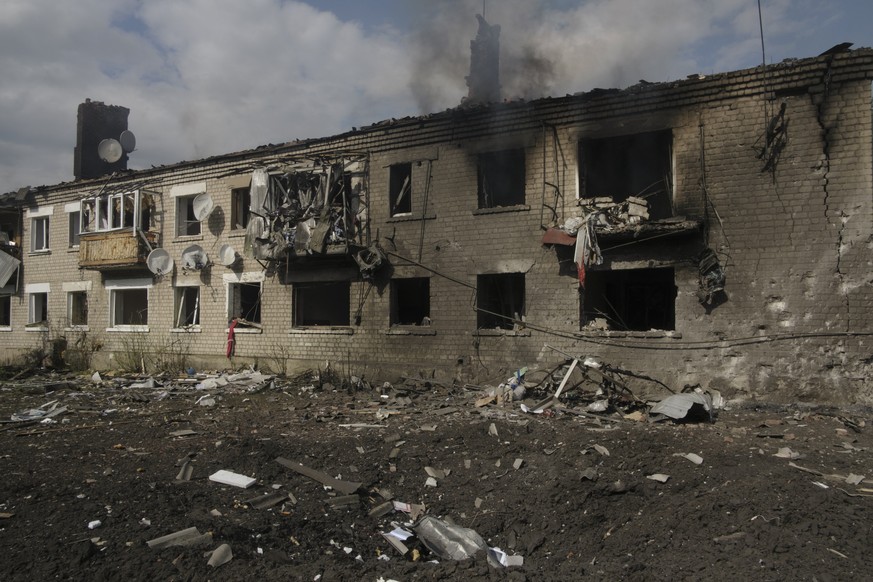 epa11333872 A residential building damaged during recent shelling on the outskirts of Volchansk, Kharkiv region, Ukraine, 11 May 2024, amid the Russian invasion. Some people decided not to evacuate bu ...