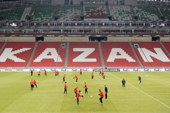 FC Sion&#039;s soccer team players play during a training session on the eve of the UEFA Europa League group B soccer match Rubin Kazan against FC Sion at the Kazan Arena stadium, in Kazan, Russia, We ...