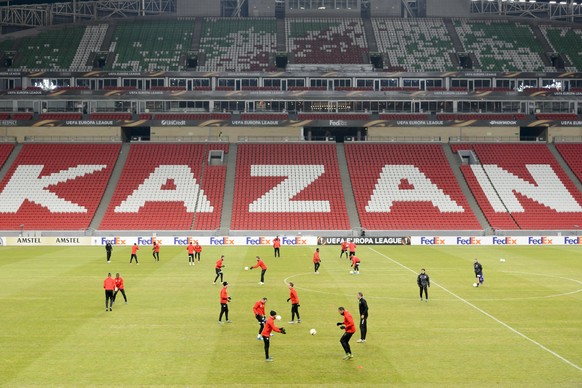 FC Sion's soccer team players play during a training session on the eve of the UEFA Europa League group B soccer match Rubin Kazan against FC Sion at the Kazan Arena stadium, in Kazan, Russia, We ...