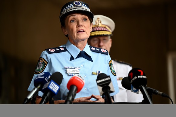 epa11281122 NSW Police Commissioner Karen Webb speaks to the media during a press conference at Surry Hills Police Station, in Sydney, Australia, 16 April 2024. A 15-year-old boy has been arrested aft ...