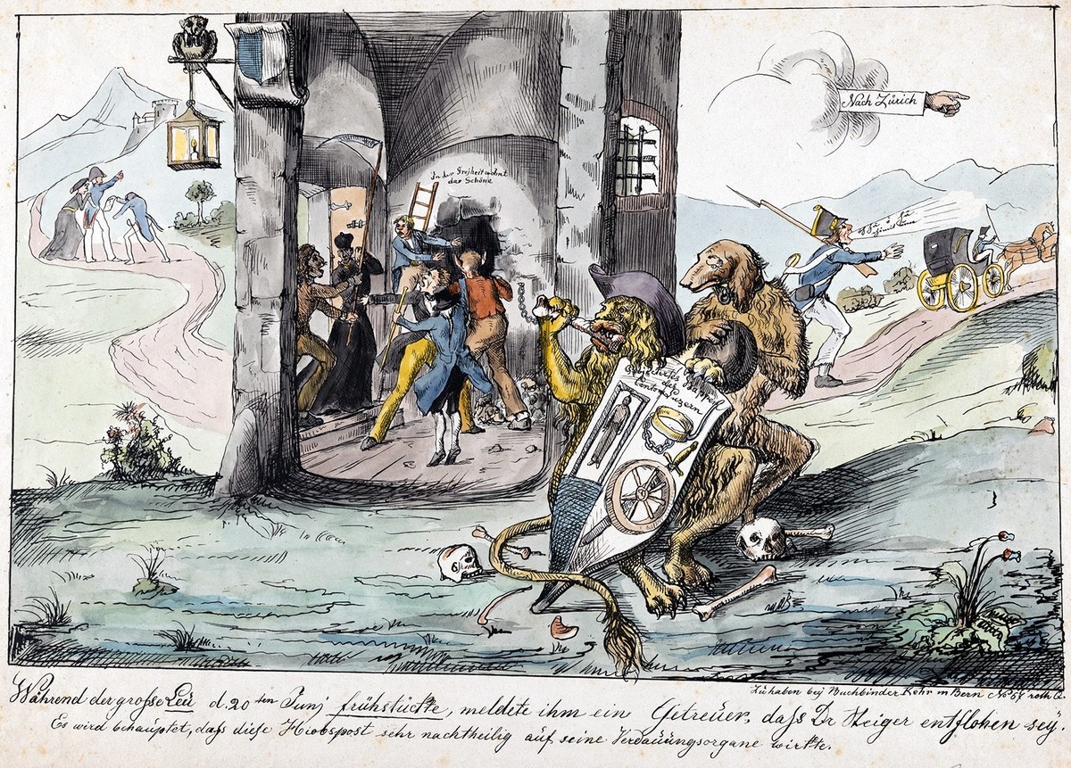 Satirisches Blatt von 1845 zu Steigers Ausbruch aus dem Kesselturm. In der Gestalt eines Löwen speist Josef Leu von Ebersol, ein populärer Exponent der Luzerner Konservativen, an den Knochen der Freis ...