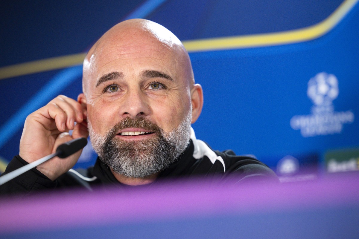 epa11842530 Young Boys head coach Giorgio Contini speaks during a press conference at the Celtic Park Stadium in Glasgow, Scotland, Britain, 21 January 2025. Scotland's Celtic Glasgow will face S ...