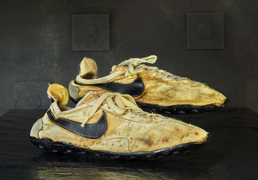 This undated photo provided by Graduate Hotels shows a pair of handmade Nike track shoes from the 1972 Olympic trials. The pair of Nike track shoes has sold for $50,000. (Christian Horan/Graduate Hote ...