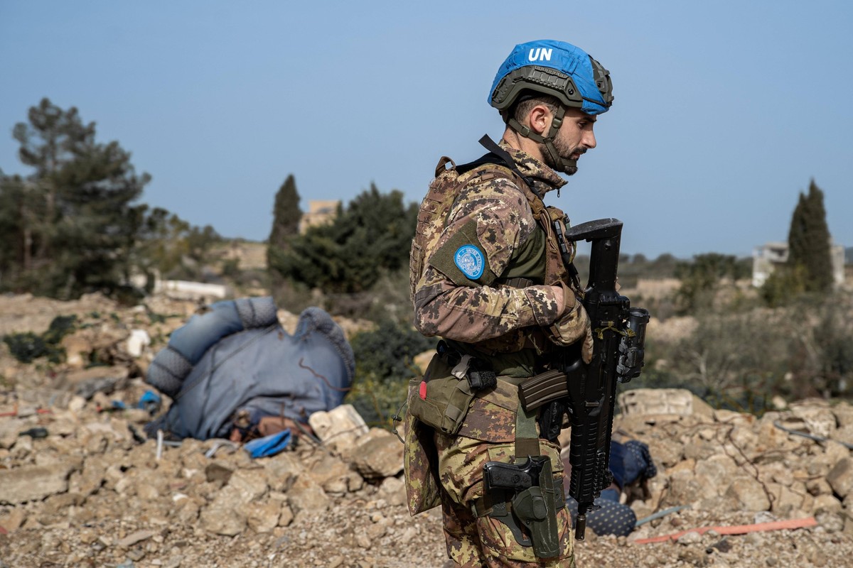 UNIFIL Patrol Southern Lebanon A UN peacekeeper patrols near the border village of Alma al-Shaab in southern Lebanon on February 23, 2026. The United Nations Interim Force in Lebanon UNIFIL operates i ...