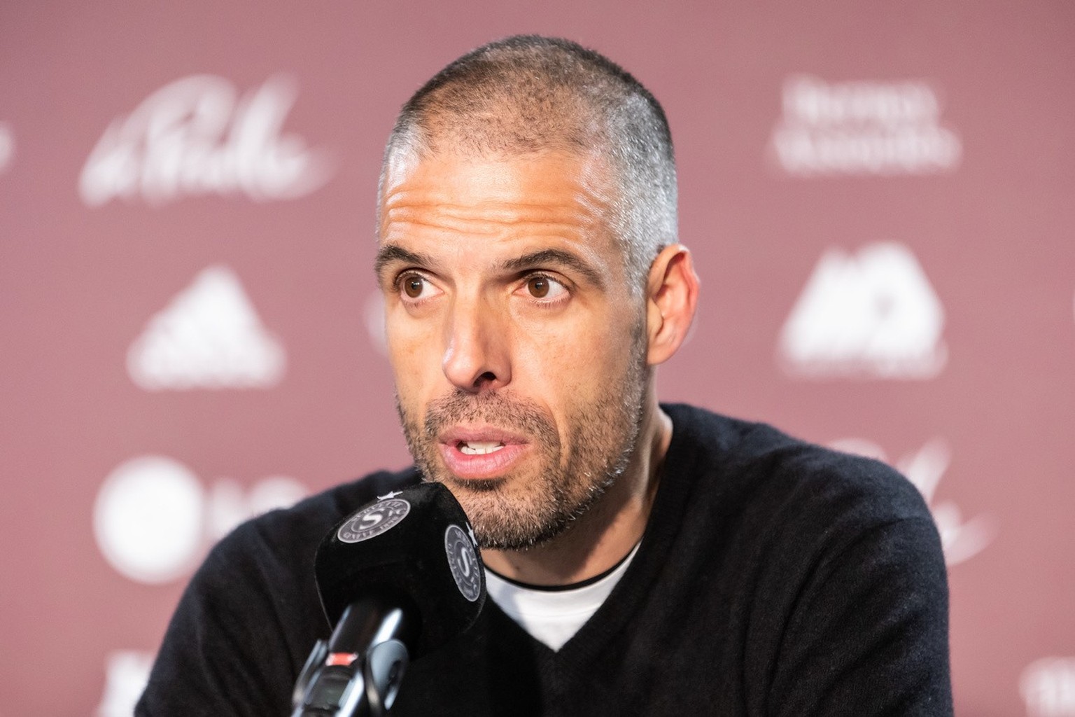 Fabio Celestini, coach of FC Sion, speaks during a press conference after the Super League soccer match of Swiss Championship between Servette FC and FC Sion, at the Stade de Geneve stadium, in Geneva ...