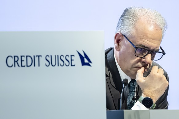 Swiss bank Credit Suisse CEO Ulrich Koerner attends the annual shareholders&#039; meeting of the Swiss banking group on Tuesday, April 4, 2023 in Zurich, Switzerland. Swiss Bank Credit Suisse was resc ...