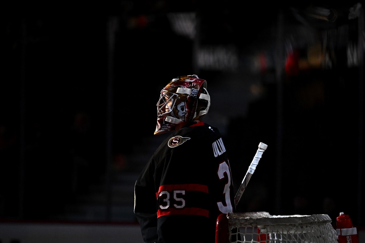 Ottawa Senators goaltender Linus Ullmark looks on during player introductions before first-period preseason NHL hockey game action Buffalo Sabres in Ottawa, Ontario, Thursday, Sept. 26, 2024. (Justin  ...