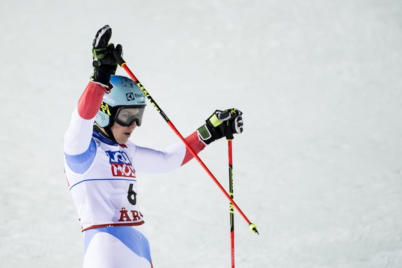 Wendy Holdener of Switzerland reacts in the finish area during the second run of the women Giant Slalom race at the 2019 FIS Alpine Skiing World Championships in Are, Sweden Thursday, February 14, 201 ...