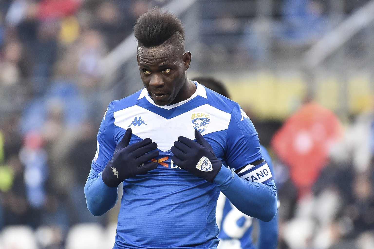 Brescia&#039;s Mario Balotelli reacts during the Italian Serie A soccer match between Brescia and Udinese at the Mario Rigamonti stadium in Brescia, Italy, Sunday, Feb. 9, 2020. (Gianluca Checchi/LaPr ...