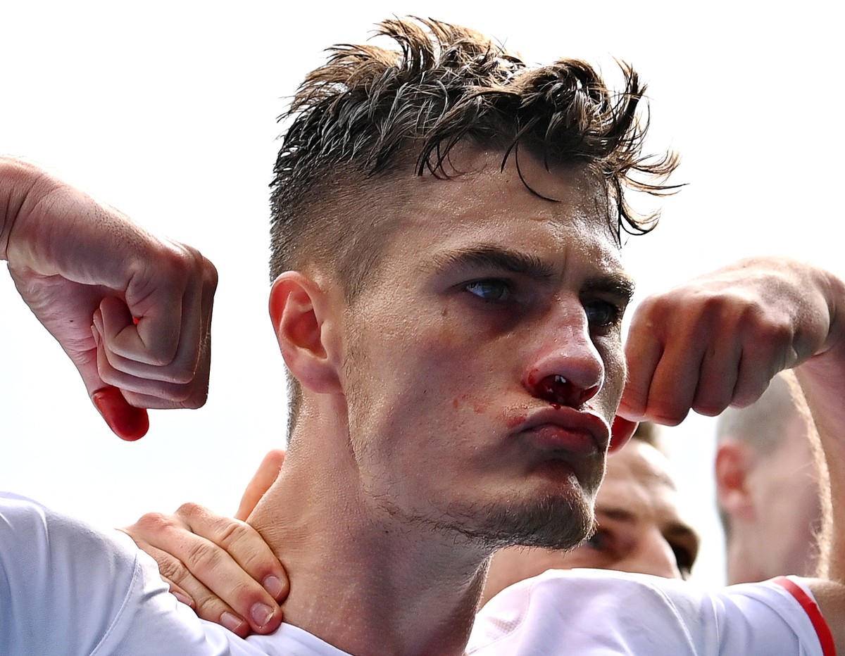 epa09283314 Patrik Schick of the Czech Republic celebrates after scoring the 1-0 lead from the penalty spot during the UEFA EURO 2020 group D preliminary round soccer match between Croatia and the Cze ...