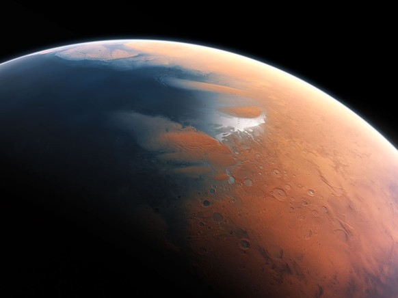 This artist's impression shows how Mars may have looked about four billion years ago. The young planet Mars would have had enough water to cover its entire surface in a liquid layer about 140 met ...
