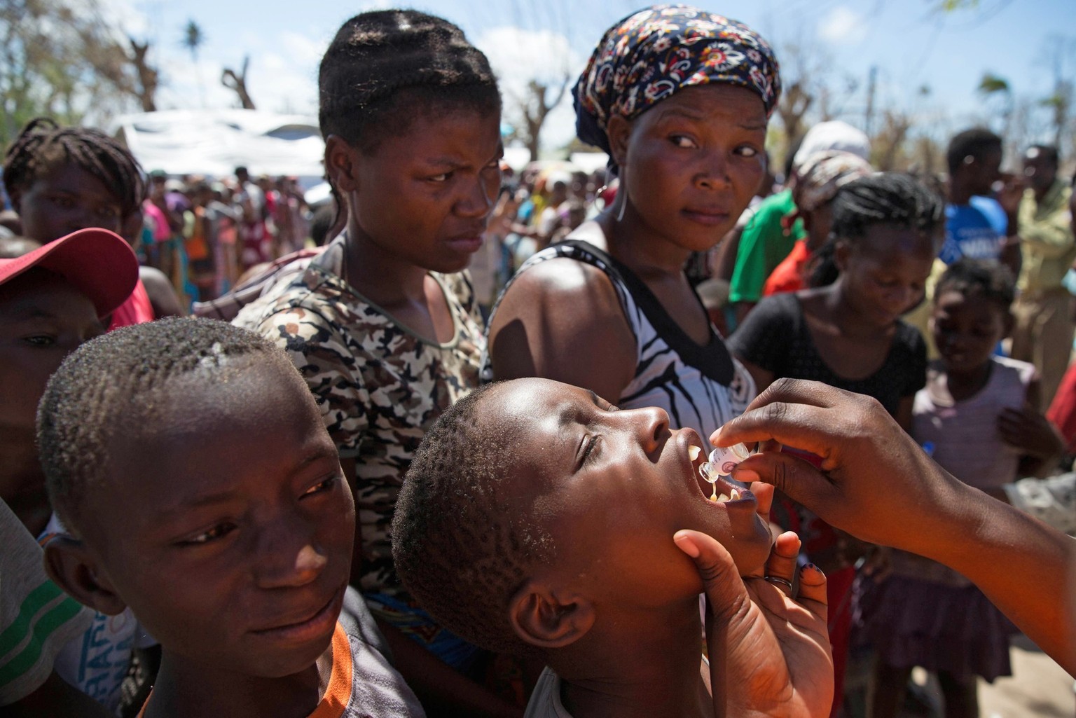 On 3 April 2019 in Beira, Mozambique, a child receives the vaccine for cholera at the Ifapa accommodation for people displaced by Cyclone Idai. Five-hundred beds in seven cholera treatment centres acr ...