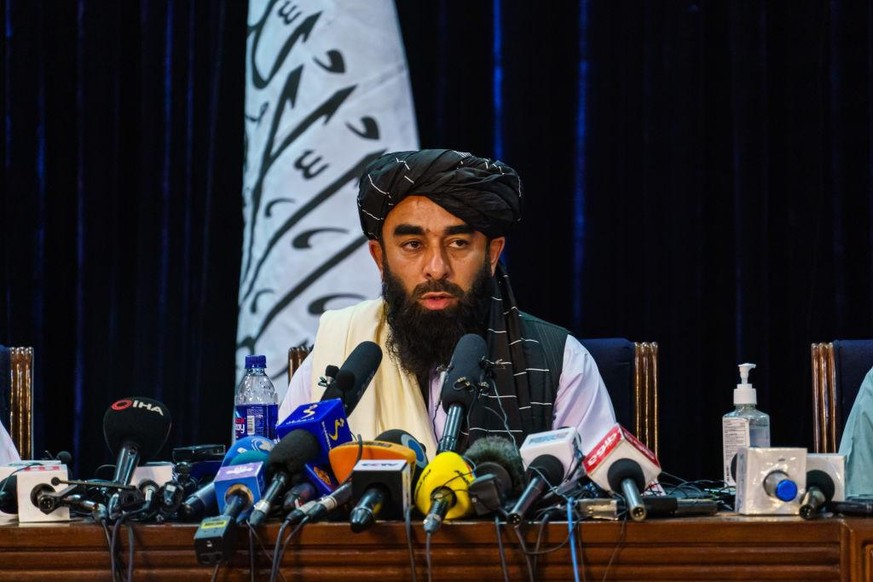 TALIBAN PRESS CONFERENCE
KABUL, AFGHANISTAN -- AUGUST 17, 2021: Zabihullah Mujahid, the Taliban spokesman for nearly 2 decades who worked in the shadows, makes his first-ever public appearance to addr ...