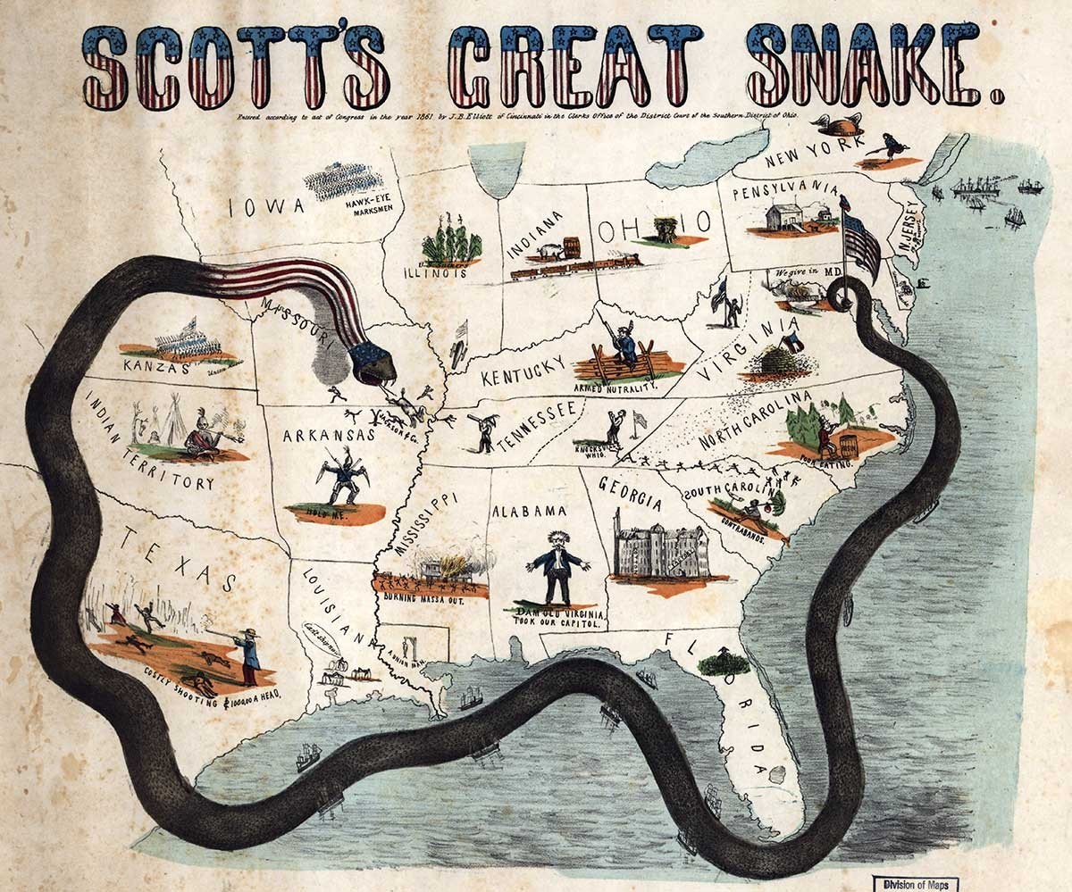Der «Anakonda-Plan», hier auf einer Karikatur von 1861, war der Plan der Union, eine Blockade auf der See und dem Mississippi rund um die Südstaaten zu errichten, um diese so zu bezwingen.
https://com ...