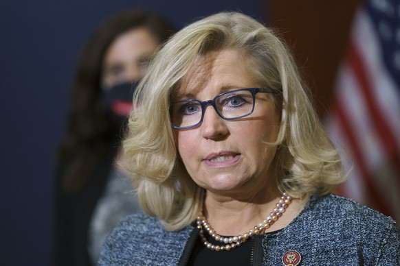 FILE - In this April 20, 2021, file photo U.S. Rep. Liz Cheney, R-Wyo., the House Republican Conference chair, speaks with reporters on Capitol Hill in Washington. Denton Knapp, a retired U.S. Army co ...