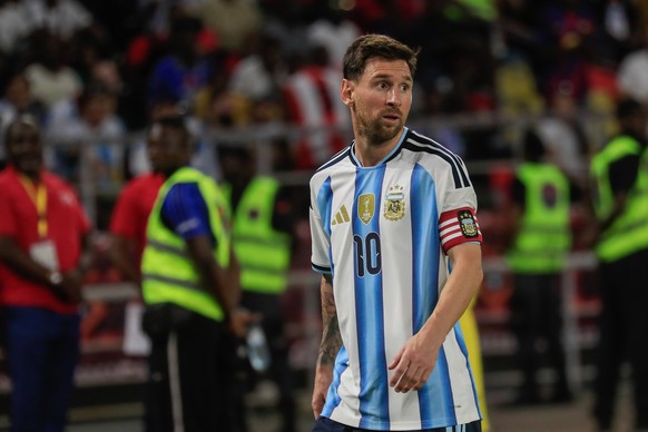 epa12526816 Argentina&#039;s Lionel Messi gestures during the international friendly soccer match between Angola and Argentina at the National Stadium in Luanda, Angola, 14 November 2025. EPA/AMPE ROG ...